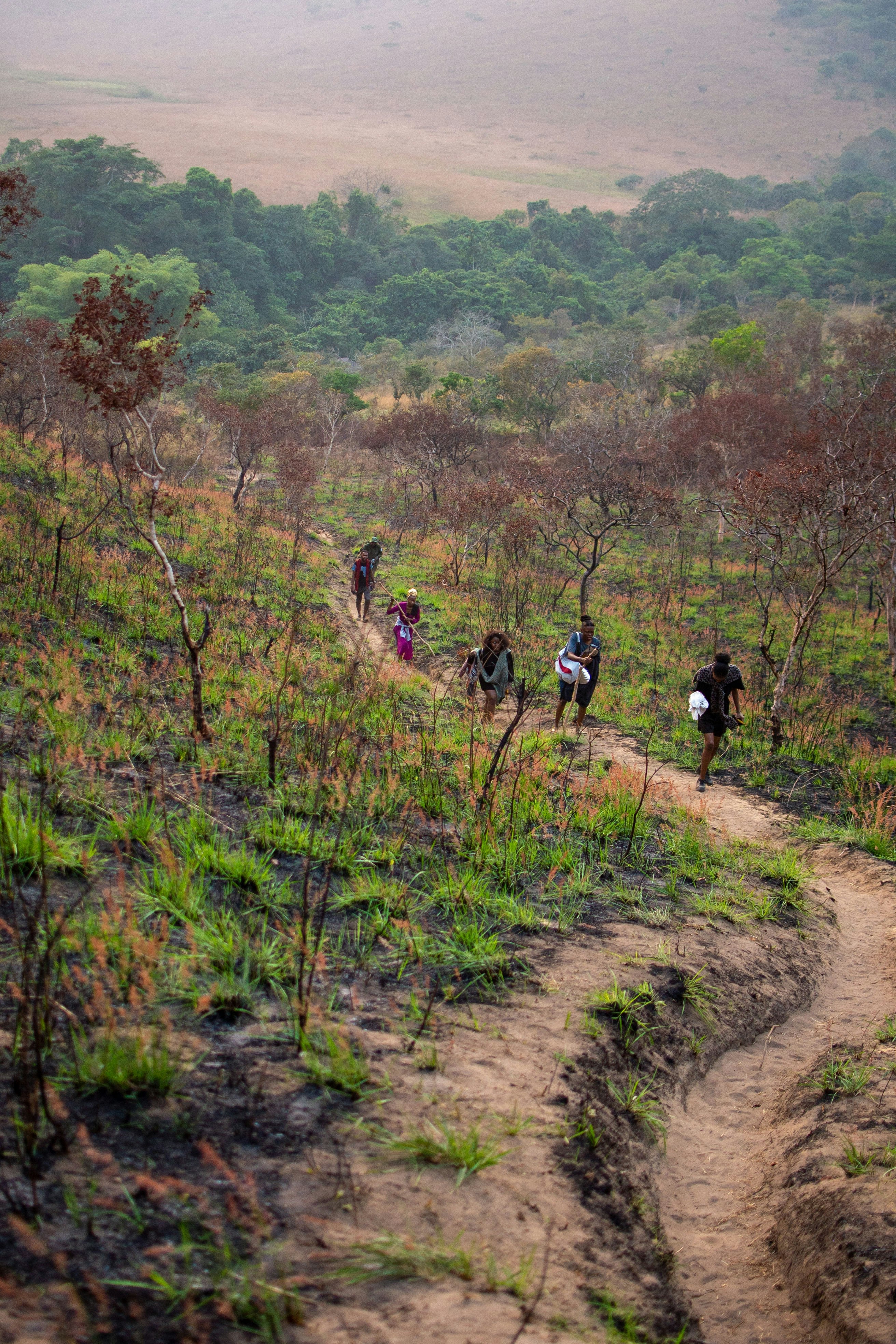 A group of people walking down a dirt road