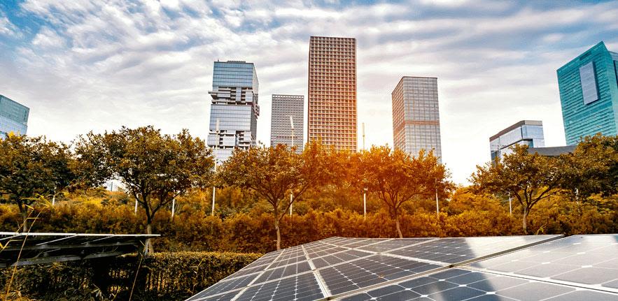 Solar panels and office building