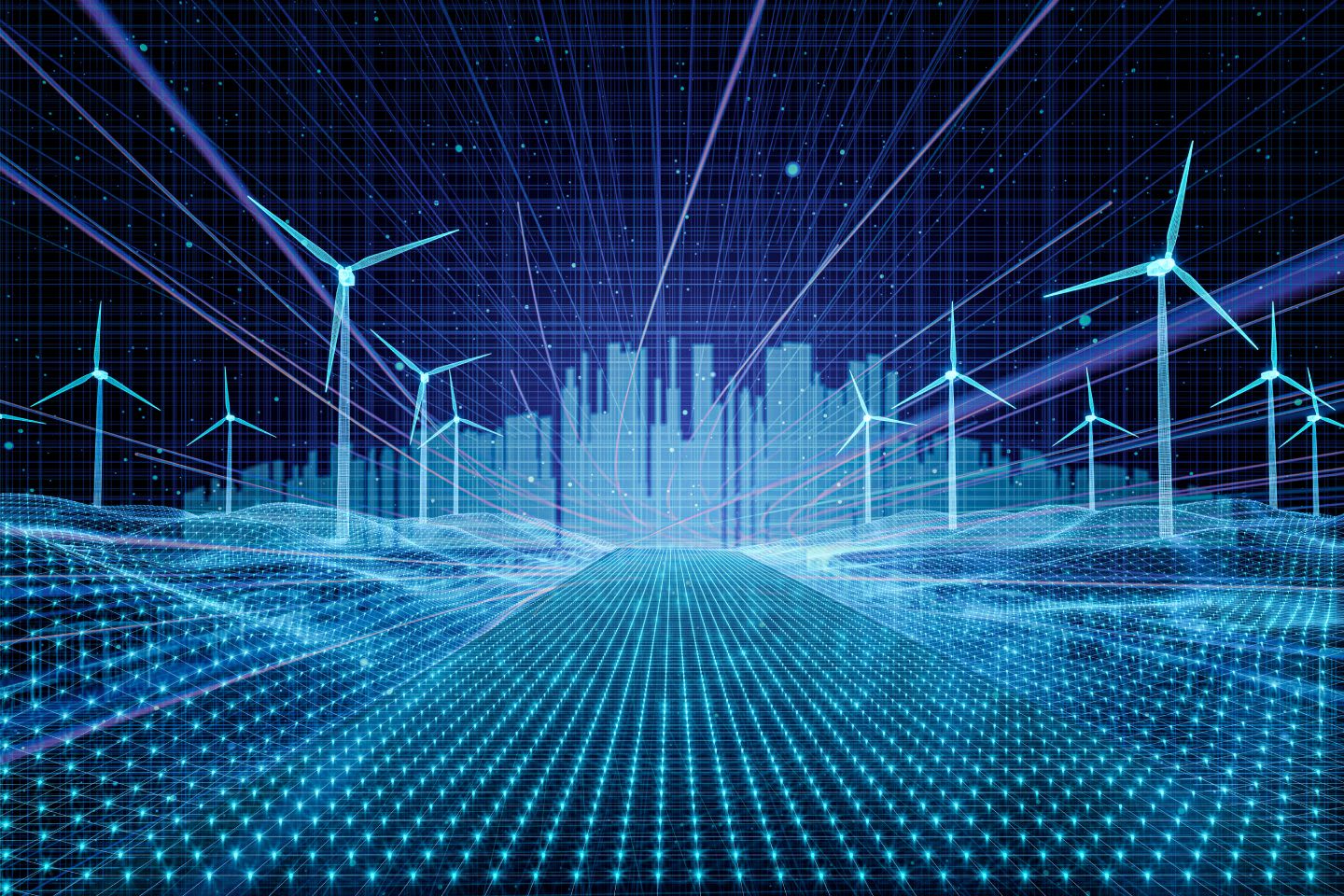 Illustration with wind turbines and grid of lights leading towards cityscape