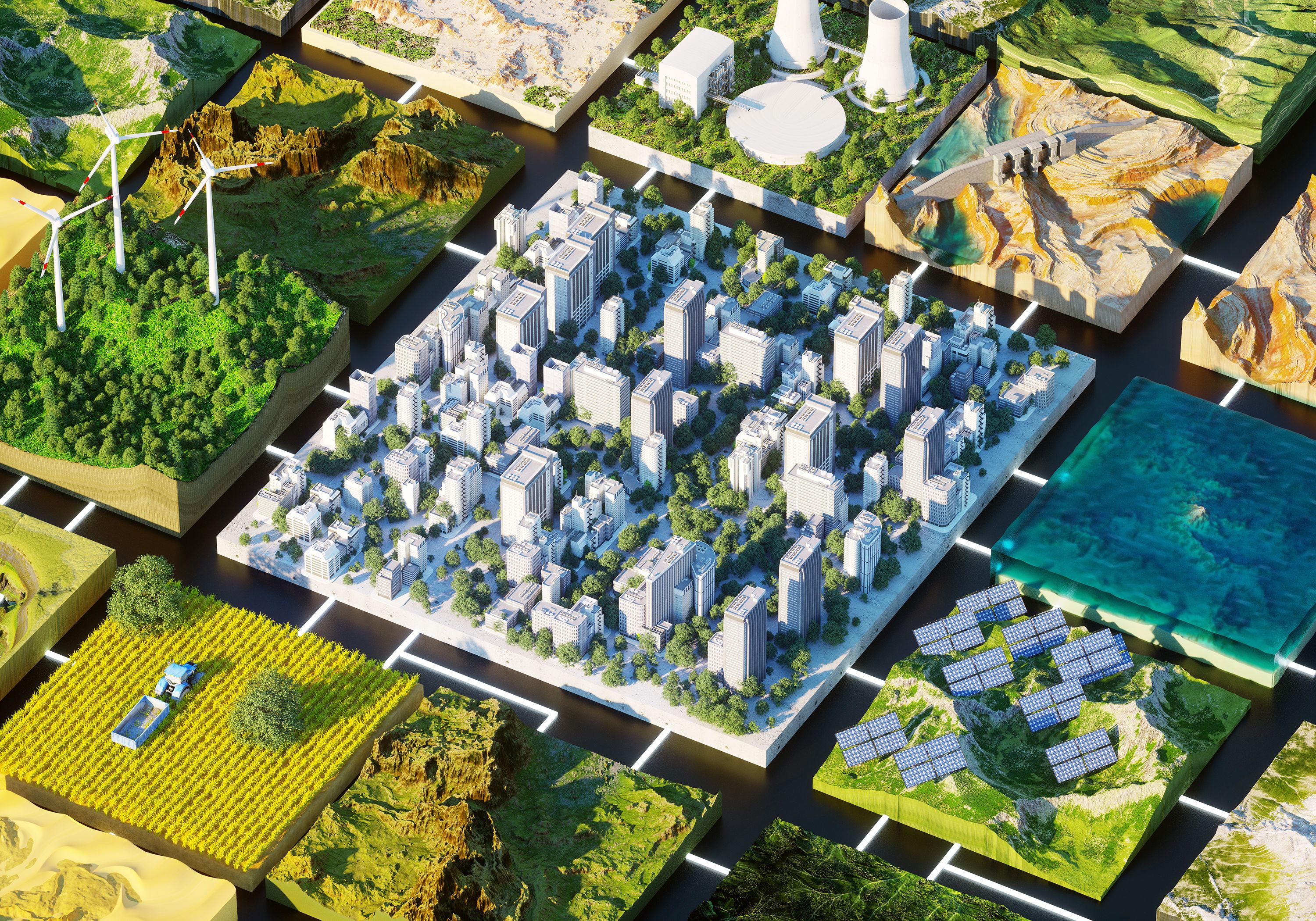 Digital illustration of square cityscape surrounded by blocks of forest, fields, solar panels